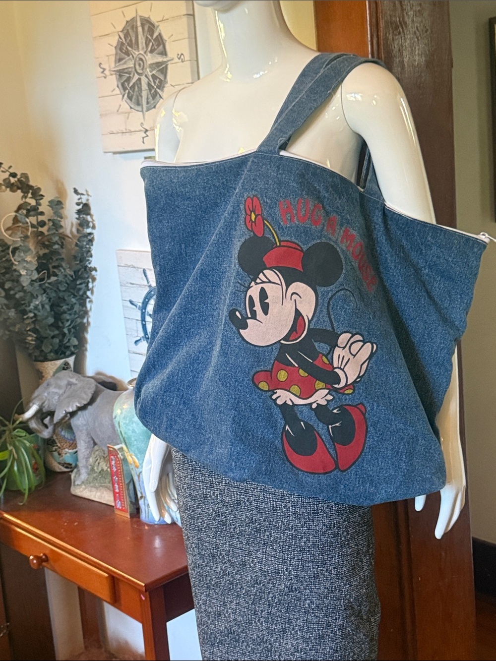 Huge vintage Denim Tote Bag with Minnie Mouse Graphic - Blue